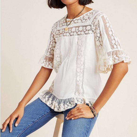 Maeve Anthropologie Ivory Lace Boho Blouse Romantic Cottagecore Feminine - Picture 2 of 11